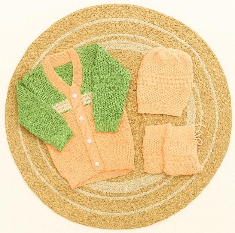 Newborn to 6 months Baby Unisex Woollen Knitted Sweater Set of 3 | Infant Winter Clothing- green with orange code:NBE